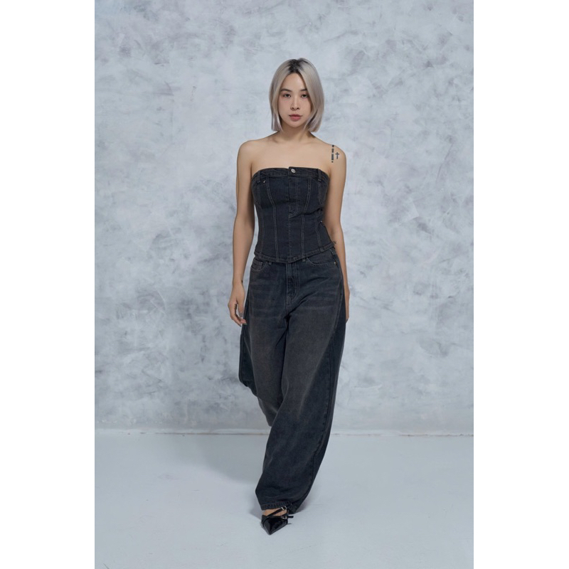MIDDUA - JN176 Quần suông ống rộng denim, lưng cao