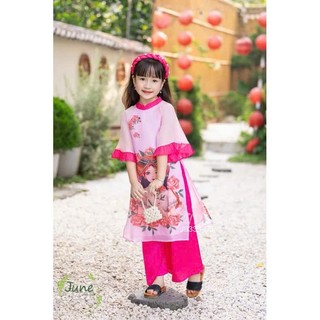 Áo dài cho bé gái hình cô gái dân tộc dễ thương, áo dài bé gái chất tơ lụa sz 10-30kg