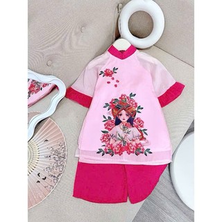 Áo dài cho bé gái hình cô gái dân tộc dễ thương, áo dài bé gái chất tơ lụa sz 10-30kg