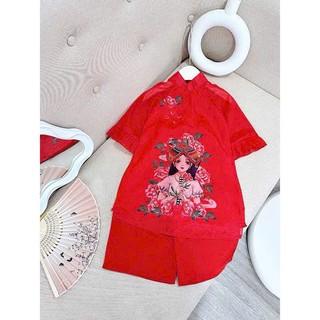 Áo dài cho bé gái hình cô gái dân tộc dễ thương, áo dài bé gái chất tơ lụa sz 10-30kg