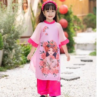 Áo dài cho bé gái hình cô gái dân tộc dễ thương, áo dài bé gái chất tơ lụa sz 10-30kg