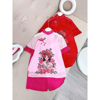 Áo dài cho bé gái hình cô gái dân tộc dễ thương, áo dài bé gái chất tơ lụa sz 10-30kg