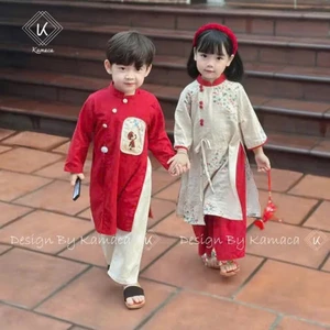 Aó dài cặp cho bé trai bé gái chất lụa mềm mịn áo bé gái trắng ngà, áo dài cho bé sz 10-30kg