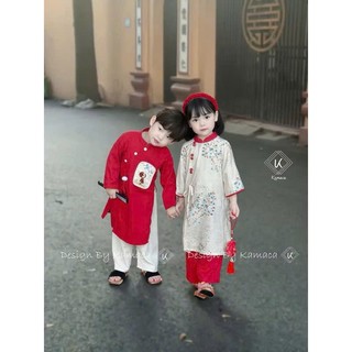 Aó dài cặp cho bé trai bé gái chất lụa mềm mịn áo bé gái trắng ngà, áo dài cho bé sz 10-30kg