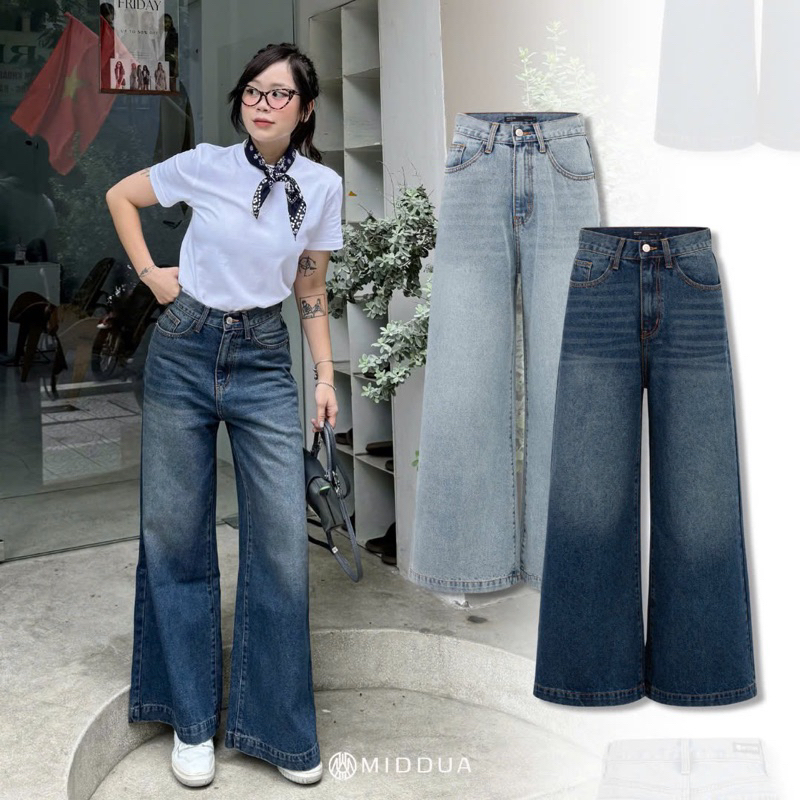 MIDDUA - JN203 Quần ống suông wide jean, bản lai to