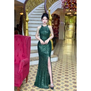 Đầm  dạ hội kim sa, đầm trung niên kết đá chuỗi vai cao cấp tko
