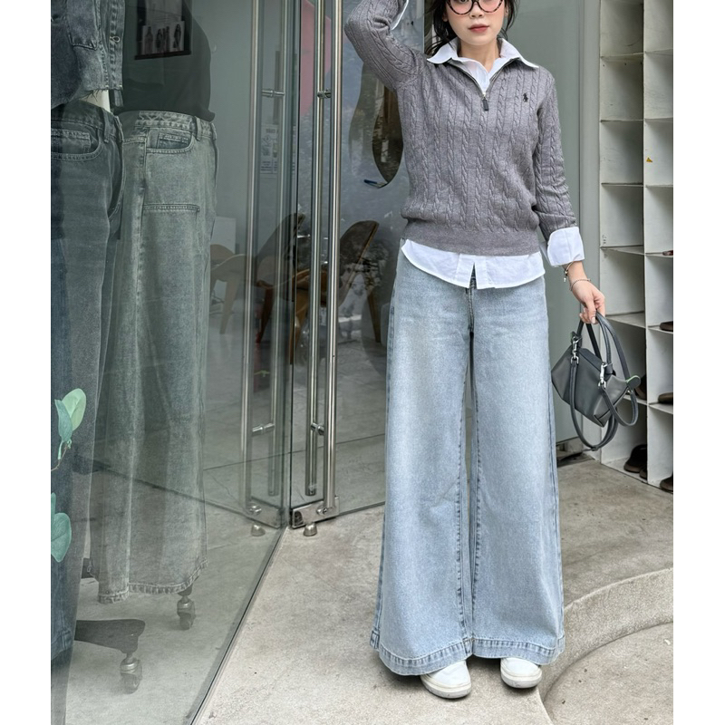 MIDDUA - JN203 Quần ống suông wide jean, bản lai to