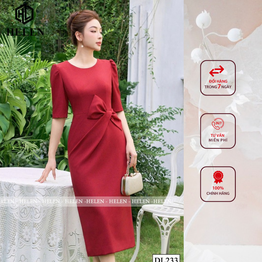 Đầm công sở HELEN thiết kế dáng ôm đỏ nơ eo tay lỡ DL233