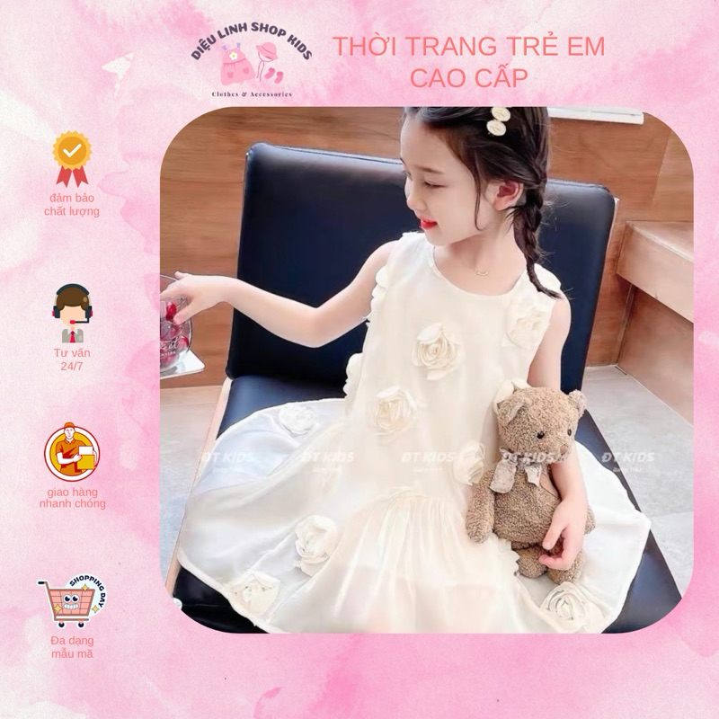 DL49 Váy trắng tinh hoa hồng nổi bé Diệu linh shop kids- váy  chất liệu Taft cotton mềm mại cho bé gái size 8-35kg