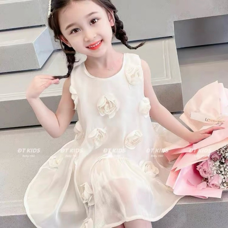 DL49 Váy trắng tinh hoa hồng nổi bé Diệu linh shop kids- váy  chất liệu Taft cotton mềm mại cho bé gái size 8-35kg