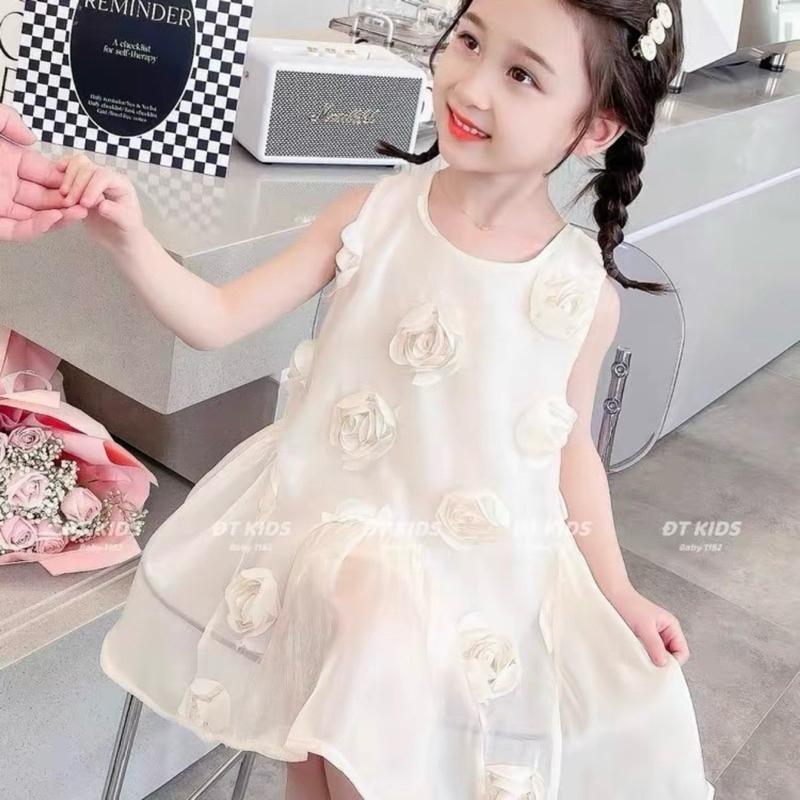 DL49 Váy trắng tinh hoa hồng nổi bé Diệu linh shop kids- váy  chất liệu Taft cotton mềm mại cho bé gái size 8-35kg