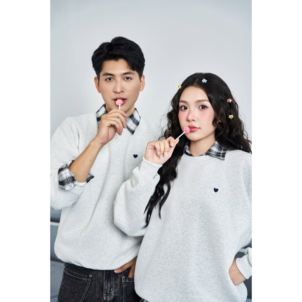 Áo Sweater Nỉ Đôi Nam Nữ Thêu Hình Tiny Heart Dễ Thương LILA  Áo Thun Dài Tay Dáng Rộng Vải Nỉ Bông