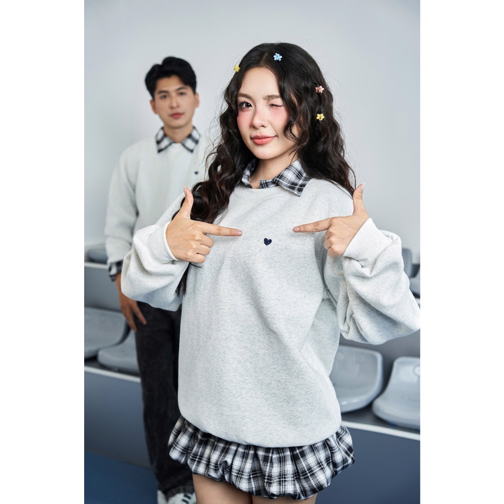 Áo Sweater Nỉ Đôi Nam Nữ Thêu Hình Tiny Heart Dễ Thương LILA  Áo Thun Dài Tay Dáng Rộng Vải Nỉ Bông