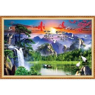 Tranh sơn thủy hữu tình, tranh phong cảnh thác nước tranh 3D dán tường in trên chất liệu vải lụa (shop tặng kèm keo dán)