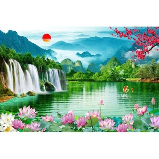 Tranh 3D dán tường sơn thủy hữu tình, tranh phong cảnh thác nước tranh in trên chất liệu vải lụa (shop tặng kèm keo dán)