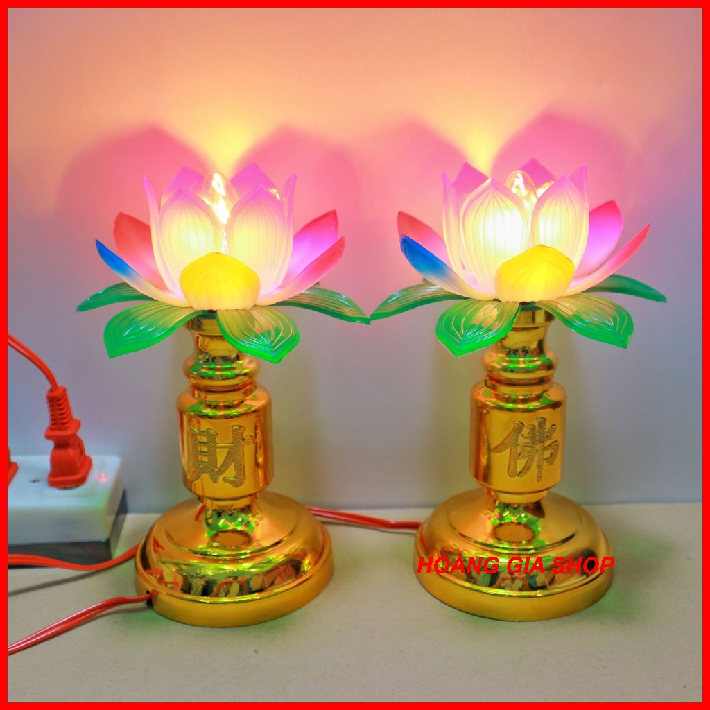 [Cặp ] Đèn thờ hoa sen cao 17cm - Đèn thờ cúng sang trọng - Đèn trang trí bàn thờ sáng đẹp