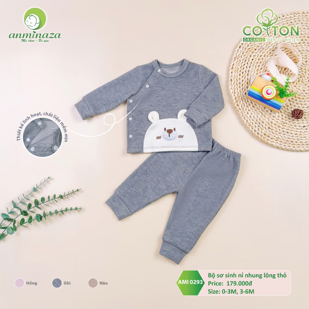 Bộ sơ sinh thu đông Anminaza nỉ nhung lông thỏ mềm mịn - Hàng Chính Hãng AMI0293