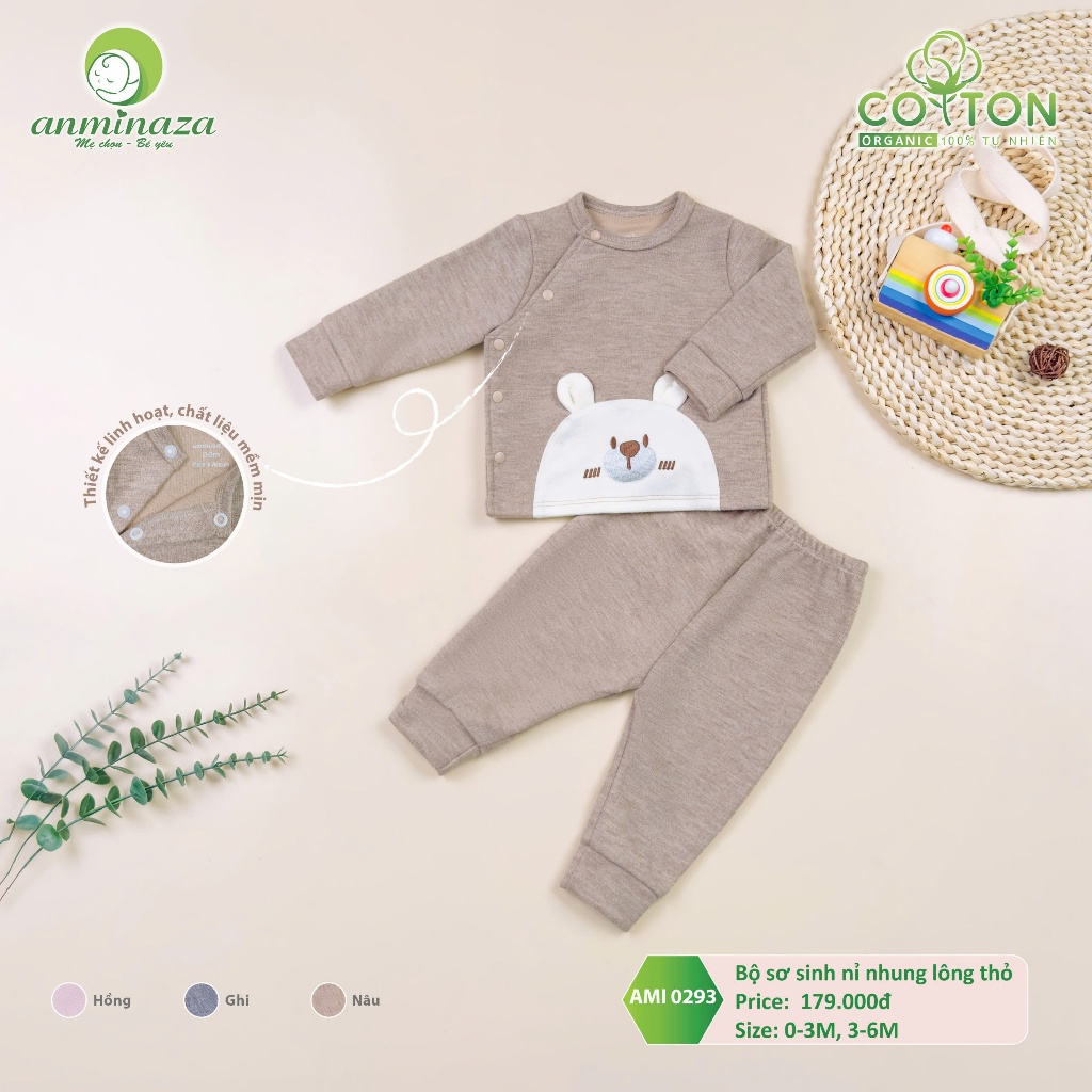 Bộ sơ sinh thu đông Anminaza nỉ nhung lông thỏ mềm mịn - Hàng Chính Hãng AMI0293