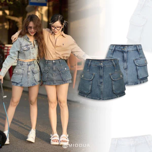 MIDDUA - VJ043 Váy chữ A denim, túi hộp phồng nhẹ