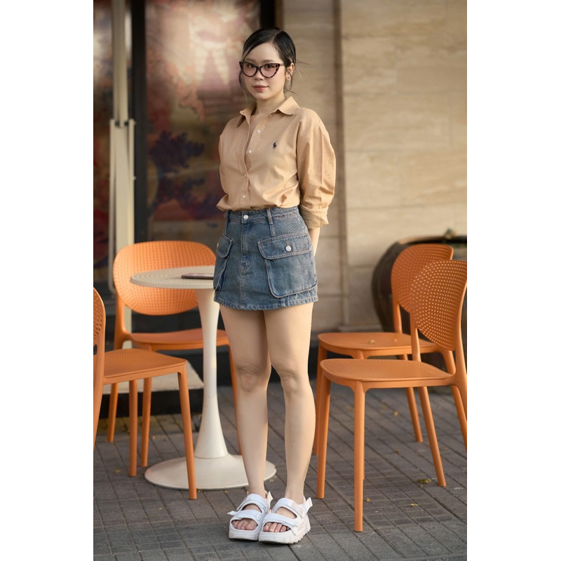 MIDDUA - VJ043 Váy chữ A denim, túi hộp phồng nhẹ