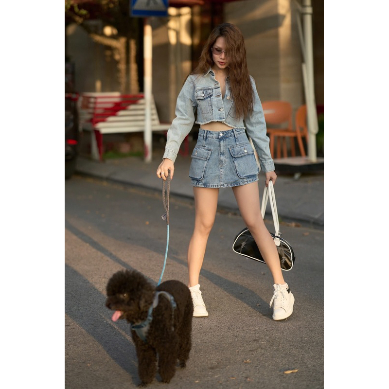 MIDDUA - VJ043 Váy chữ A denim, túi hộp phồng nhẹ