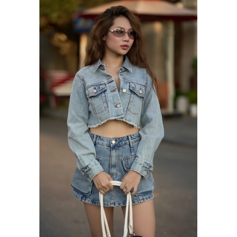 MIDDUA - VJ043 Váy chữ A denim, túi hộp phồng nhẹ