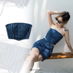 MIDDUA - Corset sọc denim, có dây kéo khoá và độn mút