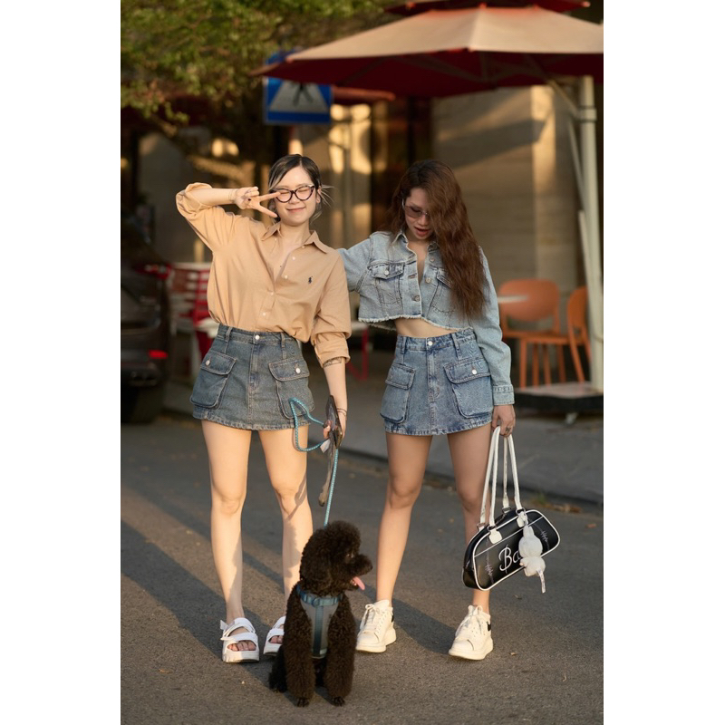 MIDDUA - VJ043 Váy chữ A denim, túi hộp phồng nhẹ