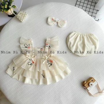 Sét Váy Lolita Kem Thêu NHÍM XÙ KIDS Cho Bé Gái Sơ Sinh, Đầy Tháng, Thôi Nôi V109