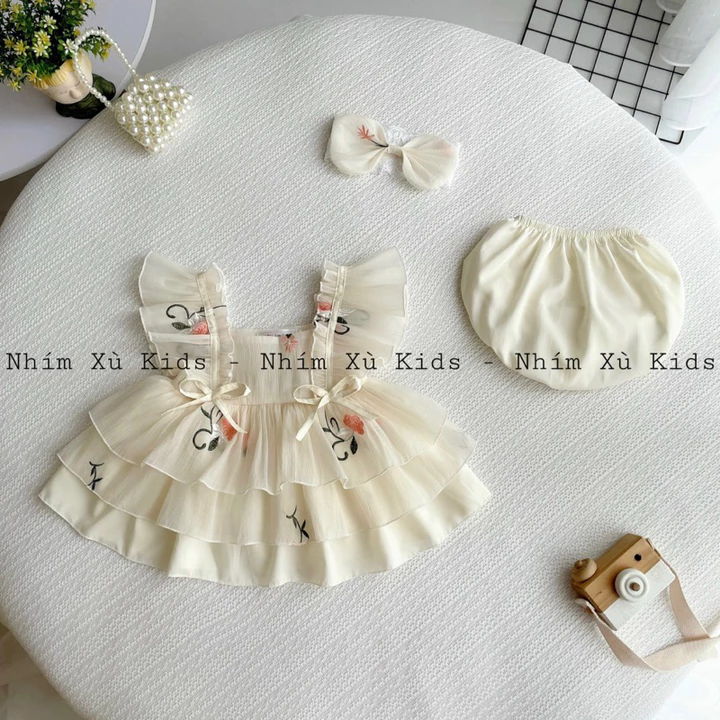 Sét Váy Lolita Kem Thêu NHÍM XÙ KIDS Cho Bé Gái Sơ Sinh, Đầy Tháng, Thôi Nôi V109