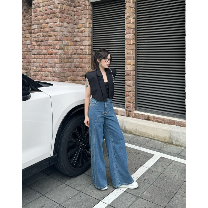 MIDDUA - JN199 Quần suông denim ống rộng, may viền kiểu
