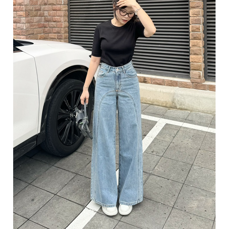 MIDDUA - JN199 Quần suông denim ống rộng, may viền kiểu