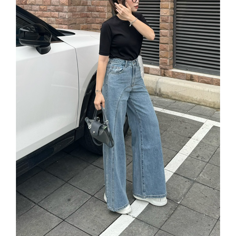 MIDDUA - JN199 Quần suông denim ống rộng, may viền kiểu
