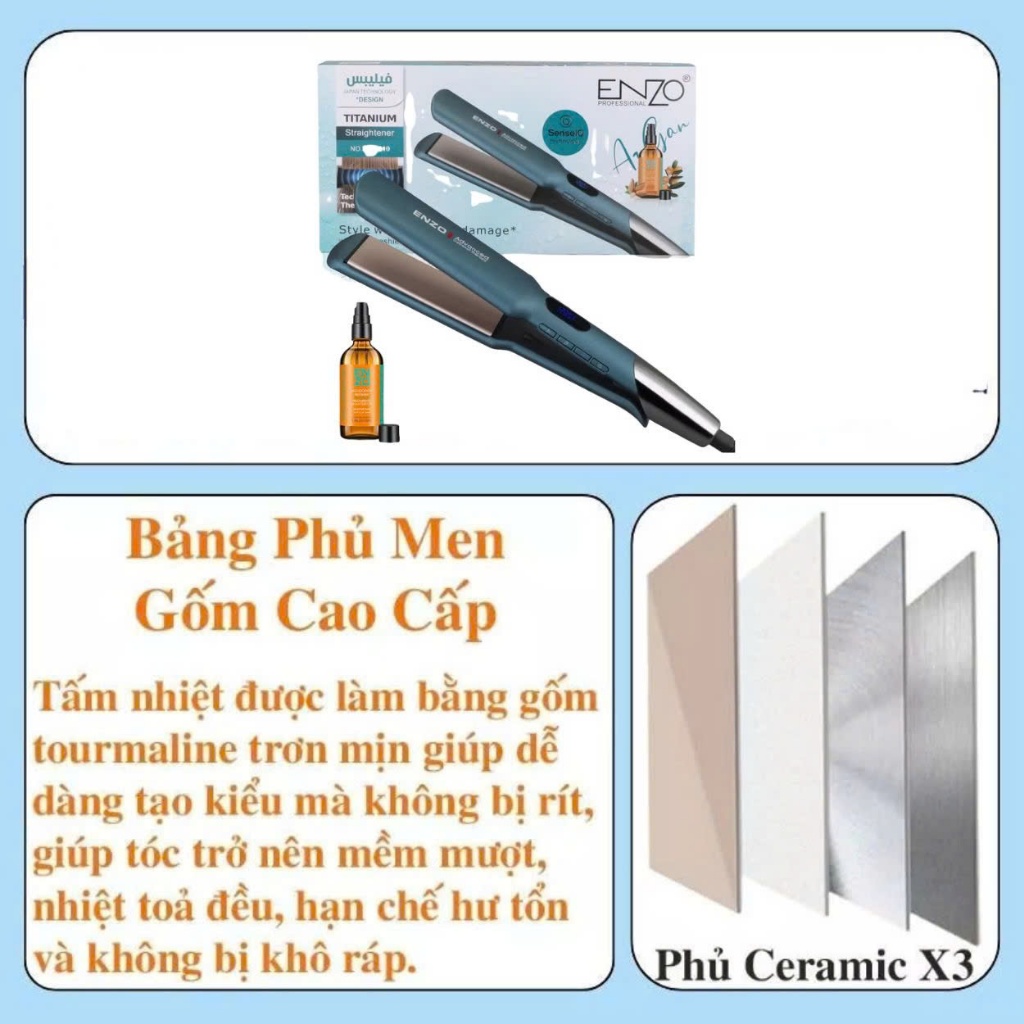 Ảnh Máy duỗi và uốn tóc ENZO 3210 Thương Hiệu italia,công nghệ ion âm,thiết kế đa năng duỗi, là, ép,uốn cụp đuôi BH 5 NĂM 4
