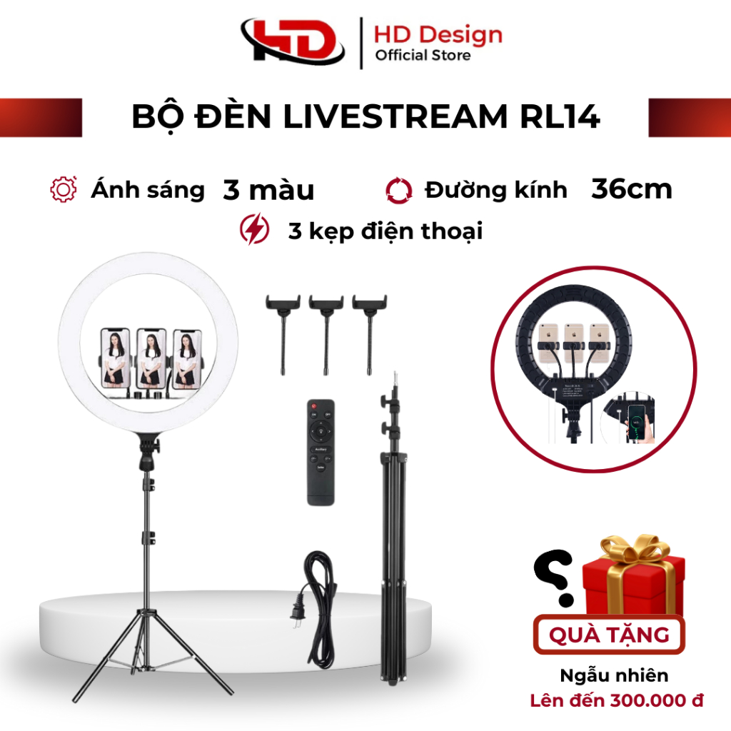 Bộ Đèn Livestream RL14 Size 36cm - Đèn Livestream - Đèn Ring chuyên nghiệp Makeup - Quay Video - Chính Hãng HD Design