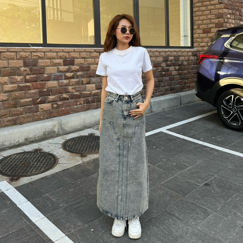 MIDDUA - VJ048 Váy denim midi dài xẻ sau, tone xám mốc