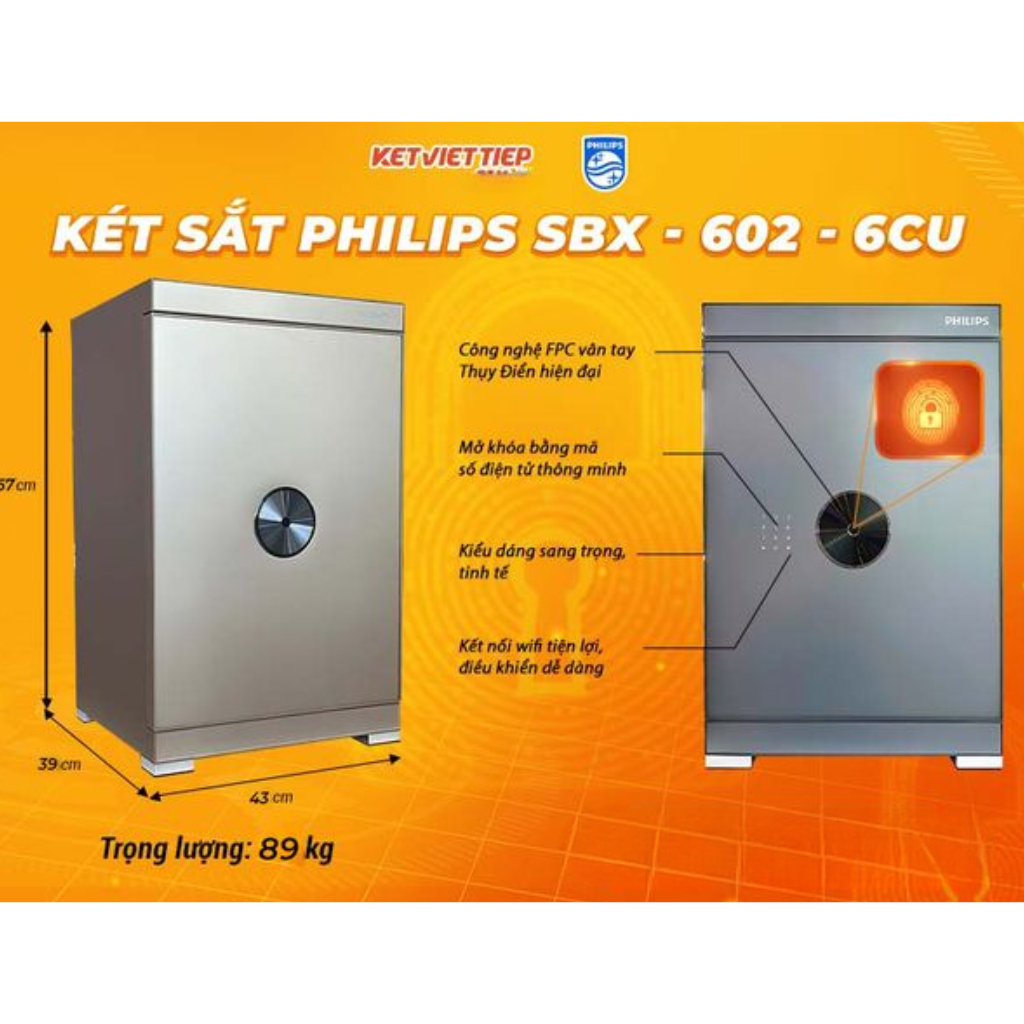Két sắt Philips cao cấp SBX602 nhập khẩu thông minh đủ kích thước khóa bảo mật vân tay điện tử, kết nối wifi