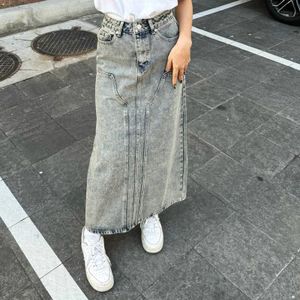MIDDUA - VJ048 Váy denim midi dài xẻ sau, tone xám mốc