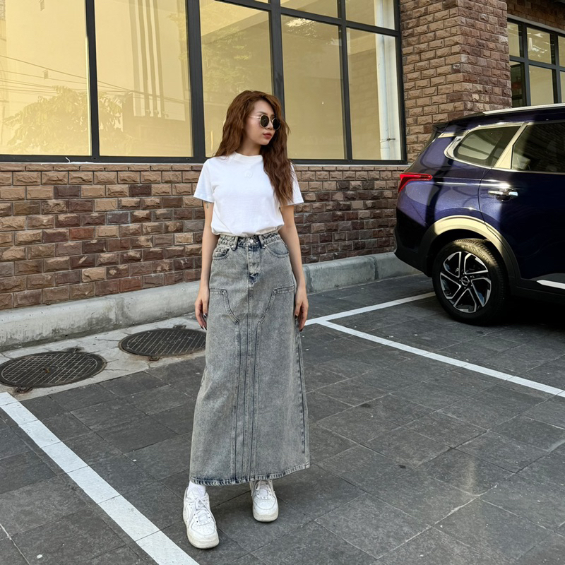 MIDDUA - VJ048 Váy denim midi dài xẻ sau, tone xám mốc