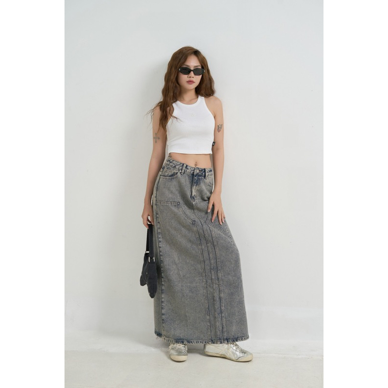 MIDDUA - VJ048 Váy denim midi dài xẻ sau, tone xám mốc