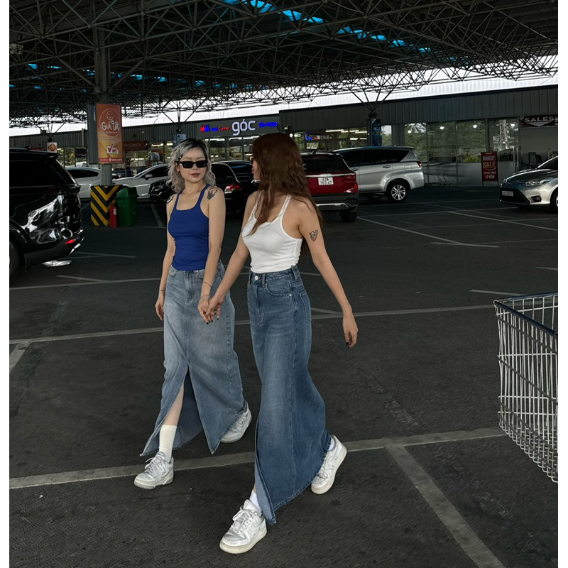 MIDDUA - VJ049 Váy denim midi long dài thẳng, xẻ tà trước