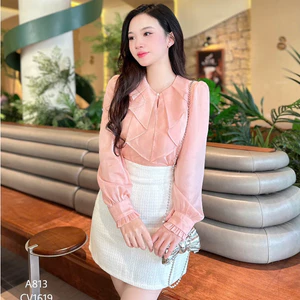Áo sơ mi nữ dài tay công sở tơ cổ bèo cúc ngọc cách điệu A813 KYMIE