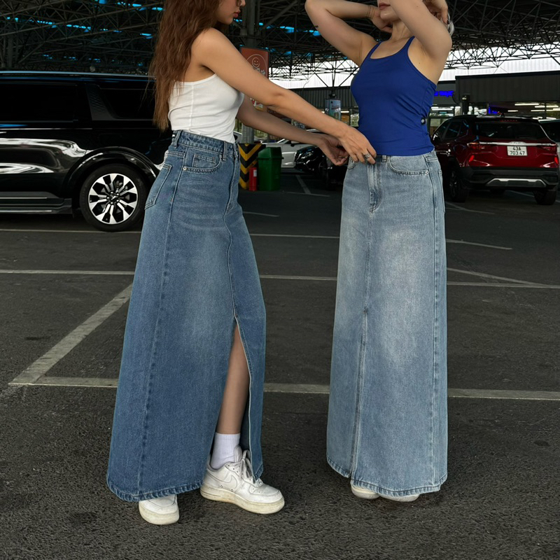 MIDDUA - VJ049 Váy denim midi long dài thẳng, xẻ tà trước