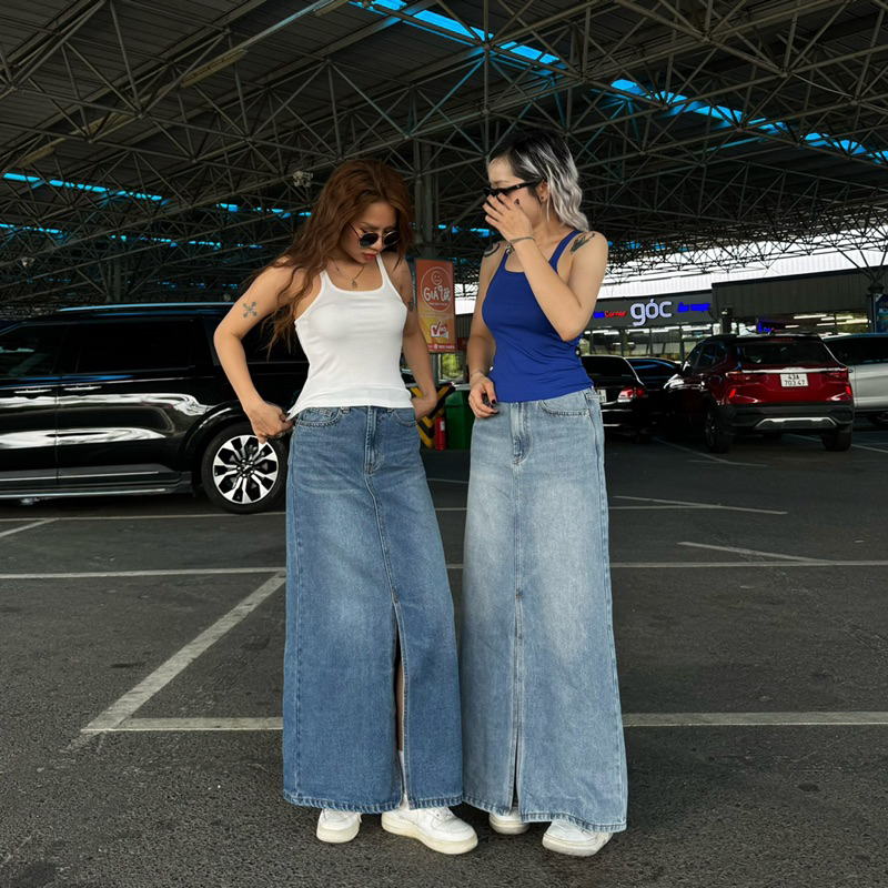 MIDDUA - VJ049 Váy denim midi long dài thẳng, xẻ tà trước