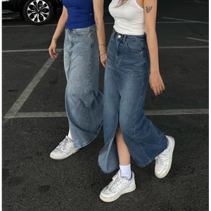 MIDDUA - VJ049 Váy denim midi long dài thẳng, xẻ tà trước