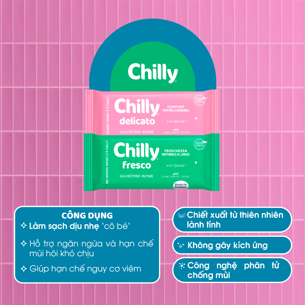 Ảnh Khăn lau phụ khoa Chilly Fresco và Delicato chiết xuất lô hội, bạc hà làm sạch khử mùi 12 tờ/gói MM 2
