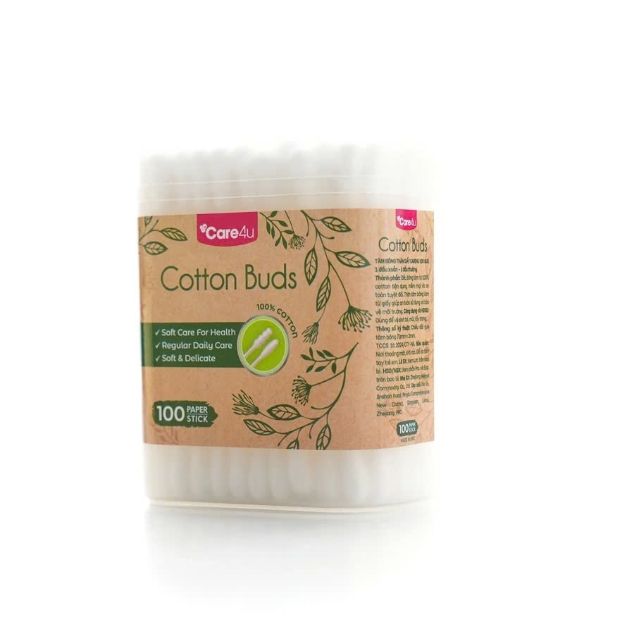 Tăm Bông Thân Giấy Tự Nhiên Mềm Mại Care4u 100 Que