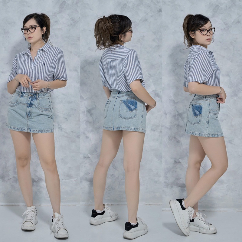 MIDDUA - VJ053 Váy denim chữ A gập túi sau