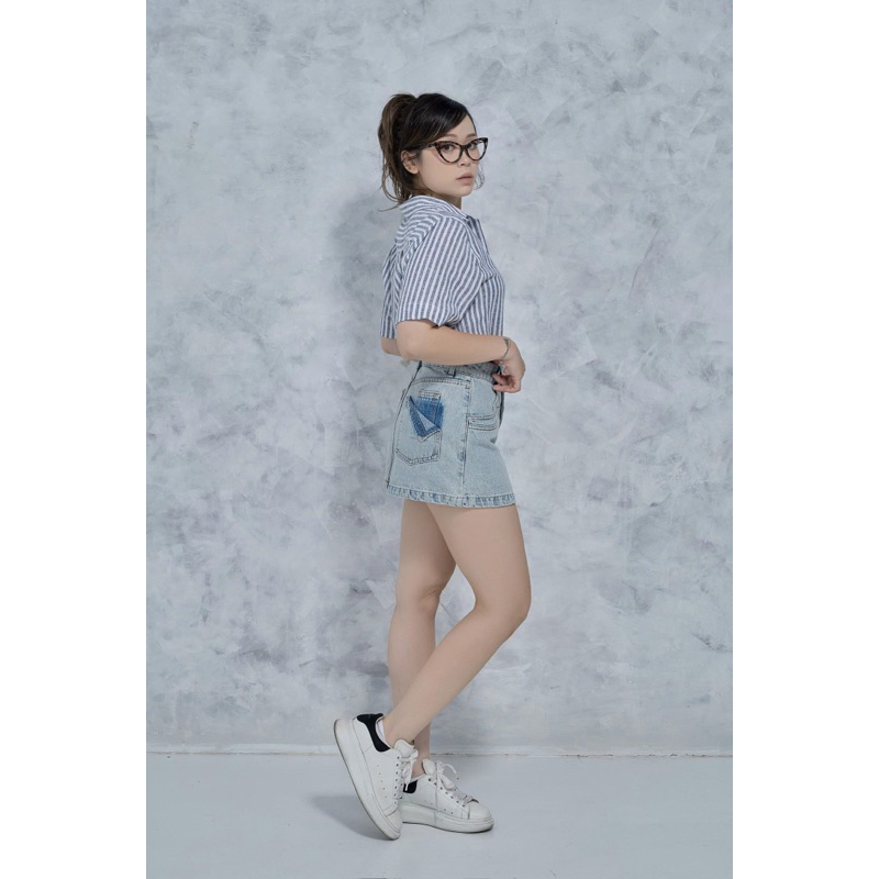 MIDDUA - VJ053 Váy denim chữ A gập túi sau
