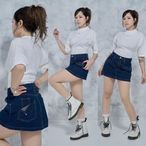 MIDDUA - VJ053 Váy denim chữ A gập túi sau